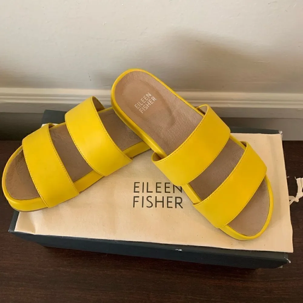 Eileen Fisher Women’s deed slide leather upper / lining yellow sandal Sz 5, NIB